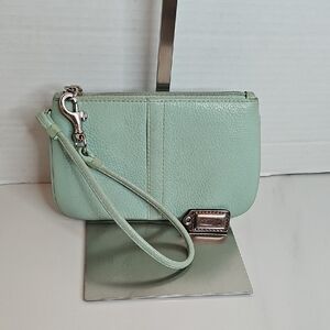 Coach Mint Green Pebble Leather Wristlet with Strap